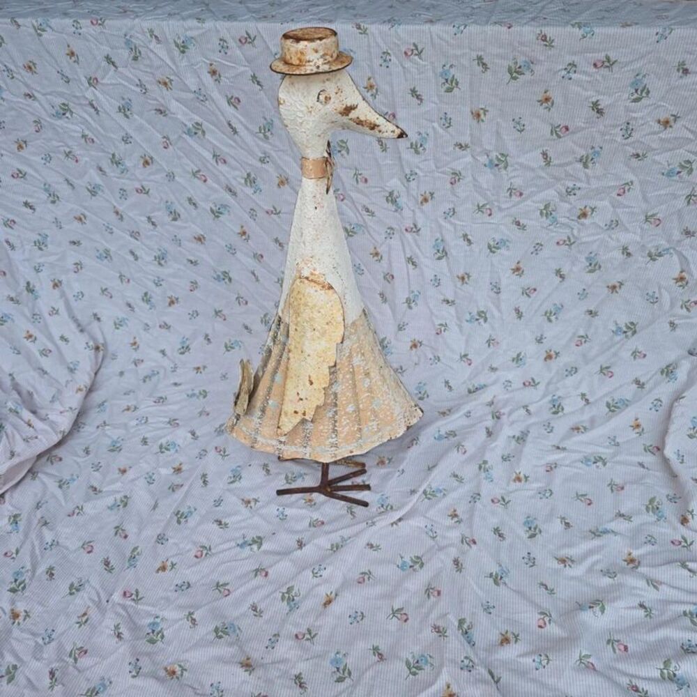 Vintage Rustic Metal Goose Garden Statue Figurine Hat Bow Tie Folk Art 21"